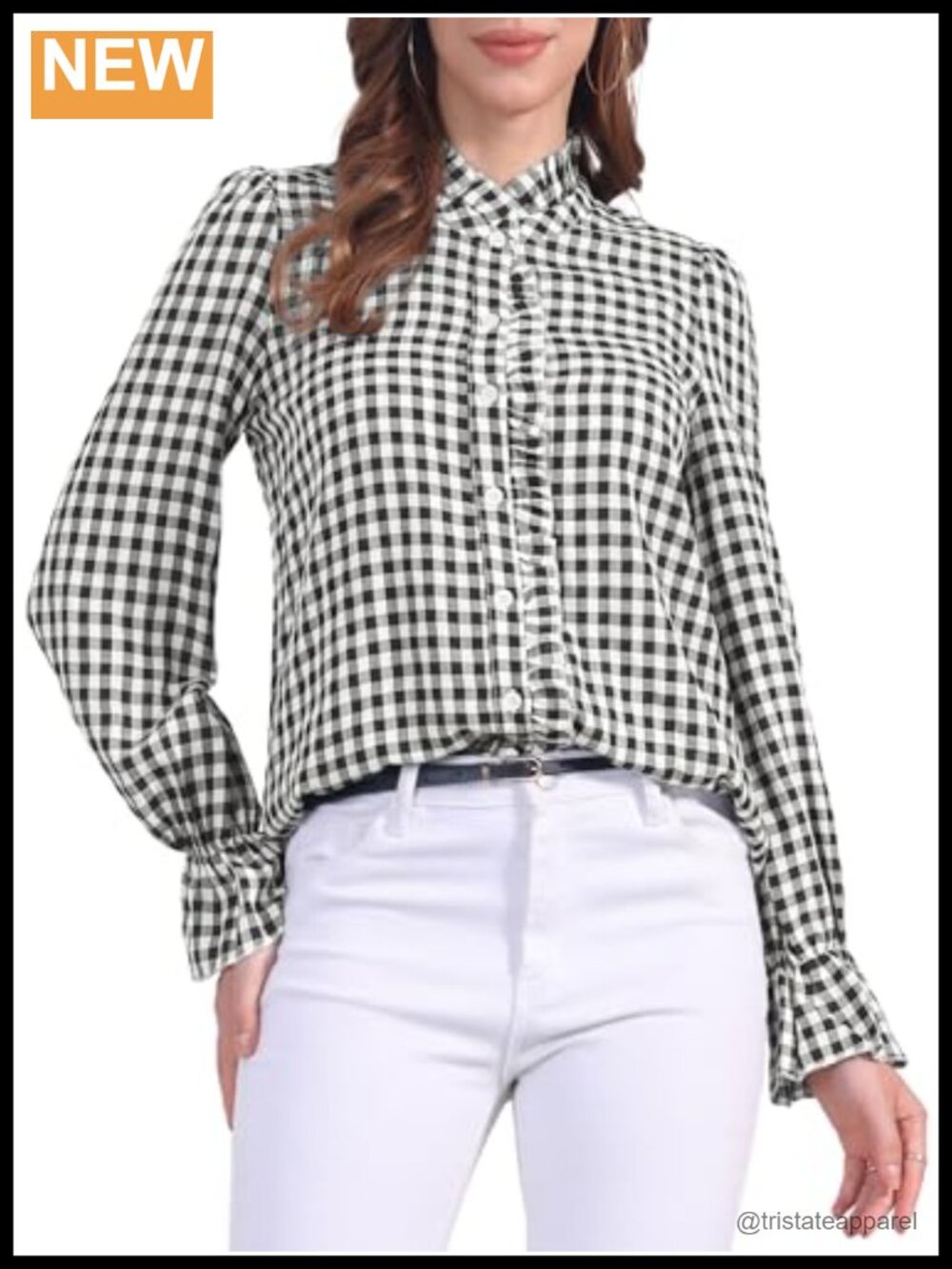 Allegra K Womens V Neck Ruffled Button Up Long Sleeve Plaid Blouse